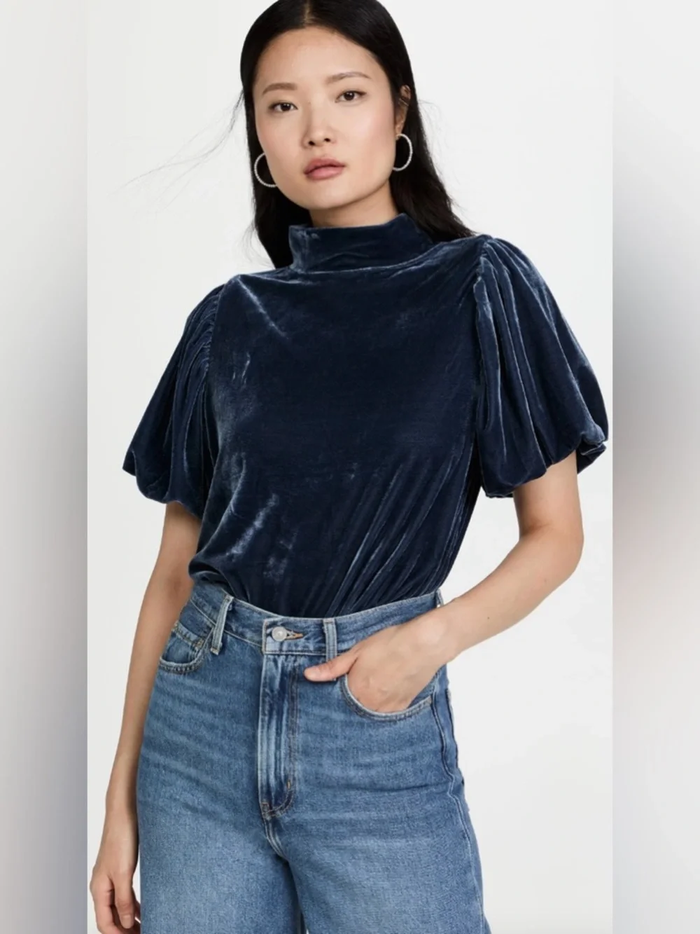Free People Claudia Velvet Puff Sleeve Top Blouse Outerspace Blue Large